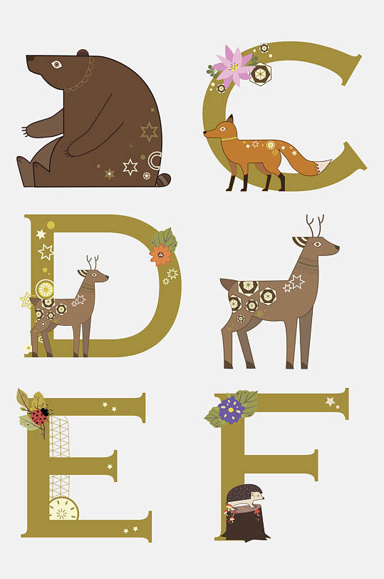 麋鹿花朵卡通动物植物图案免抠素材