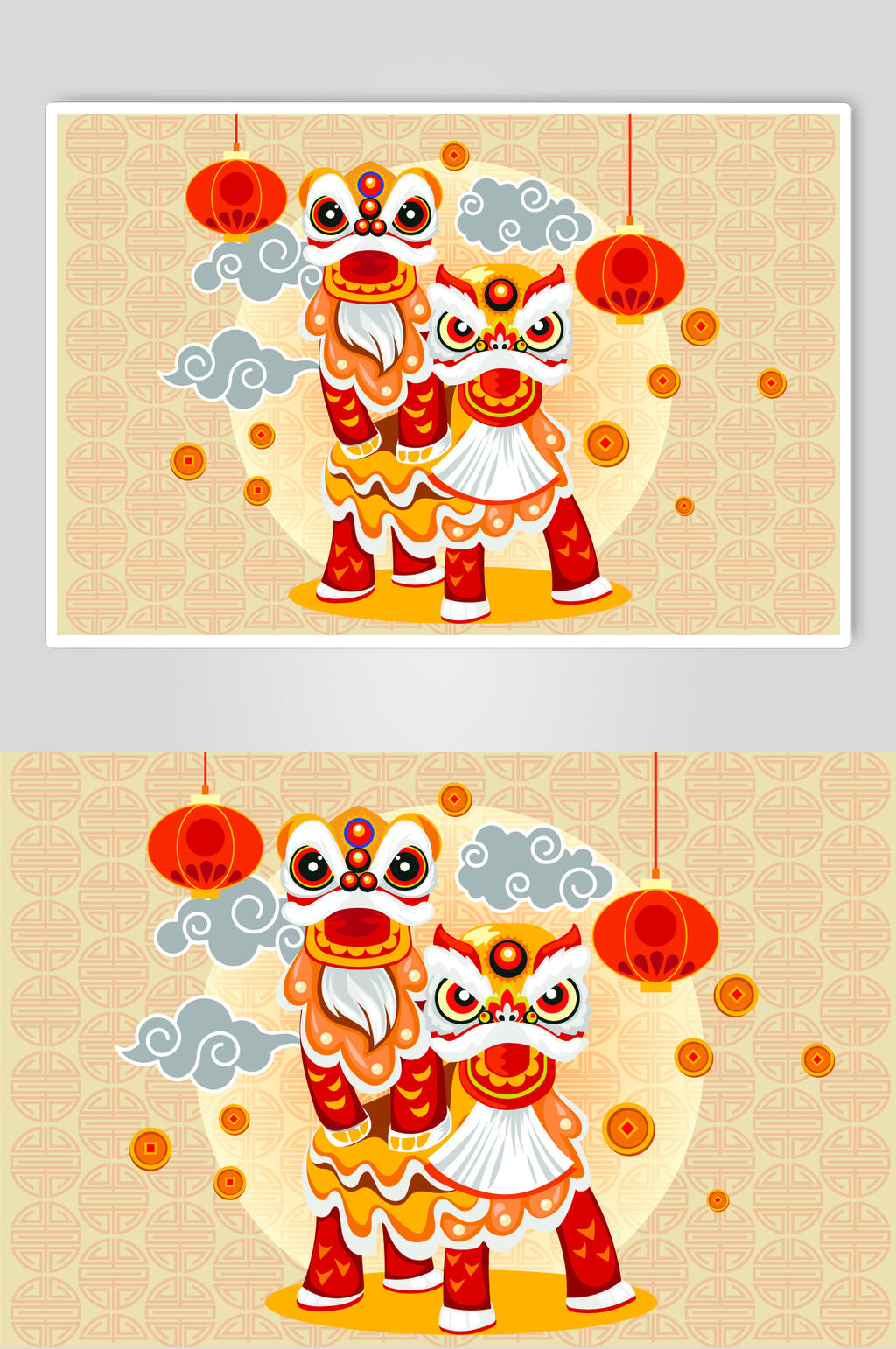 祥云灯笼舞狮牛年插画矢量素材素材