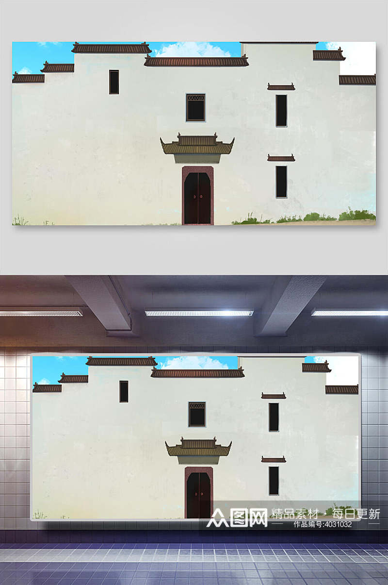 简约扁平手绘高端创意中式屋檐背景素材