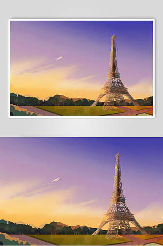 唯美手绘飞机伦敦巴黎铁塔插画