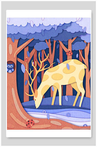 麋鹿森系唯美森林麋鹿插画