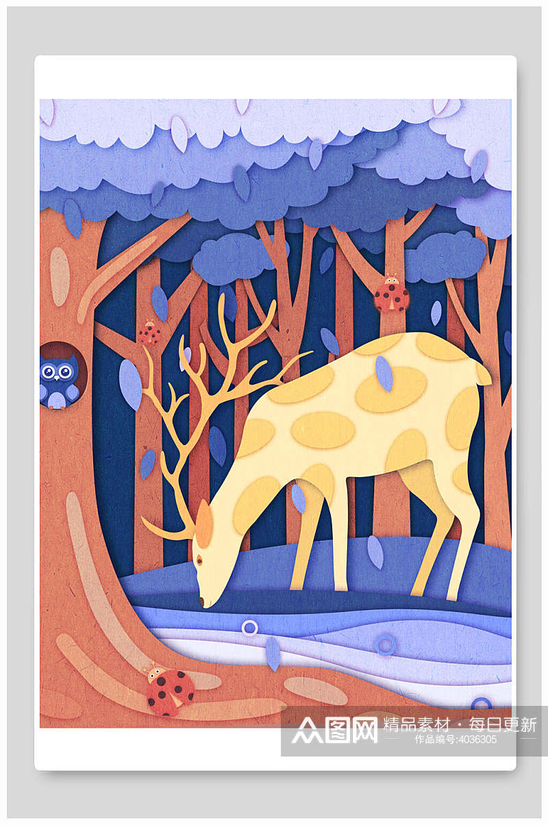 麋鹿森系唯美森林麋鹿插画素材