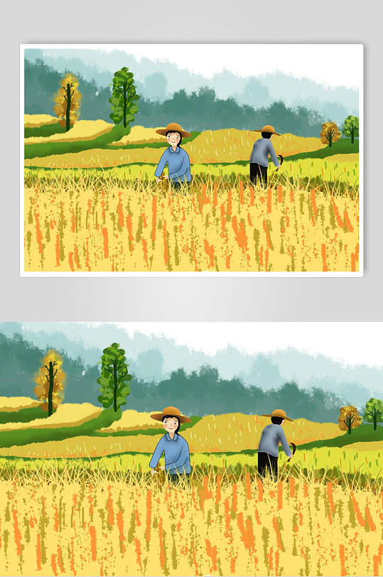 创意大气手绘收割小麦丰收节插画