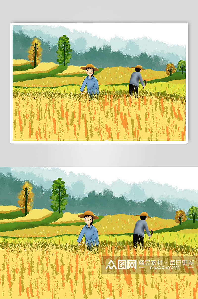 创意大气手绘收割小麦丰收节插画素材