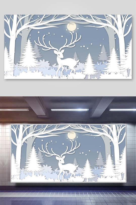 白色剪纸风森系唯美森林麋鹿插画