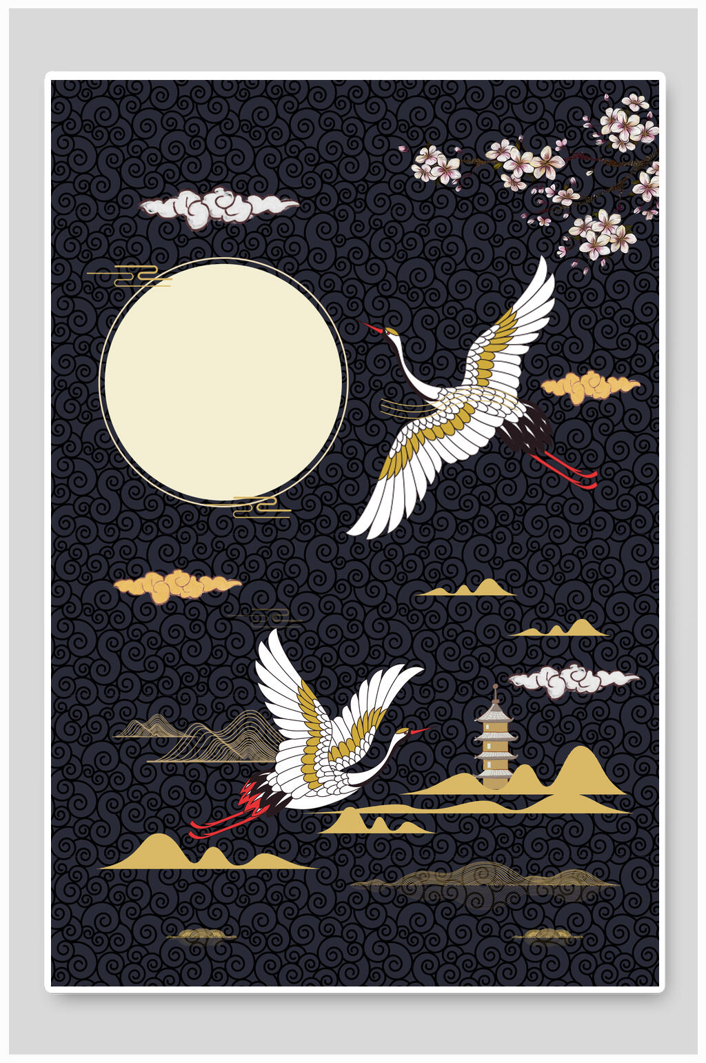 高端时尚山峰高塔东方中式仙鹤背景素材