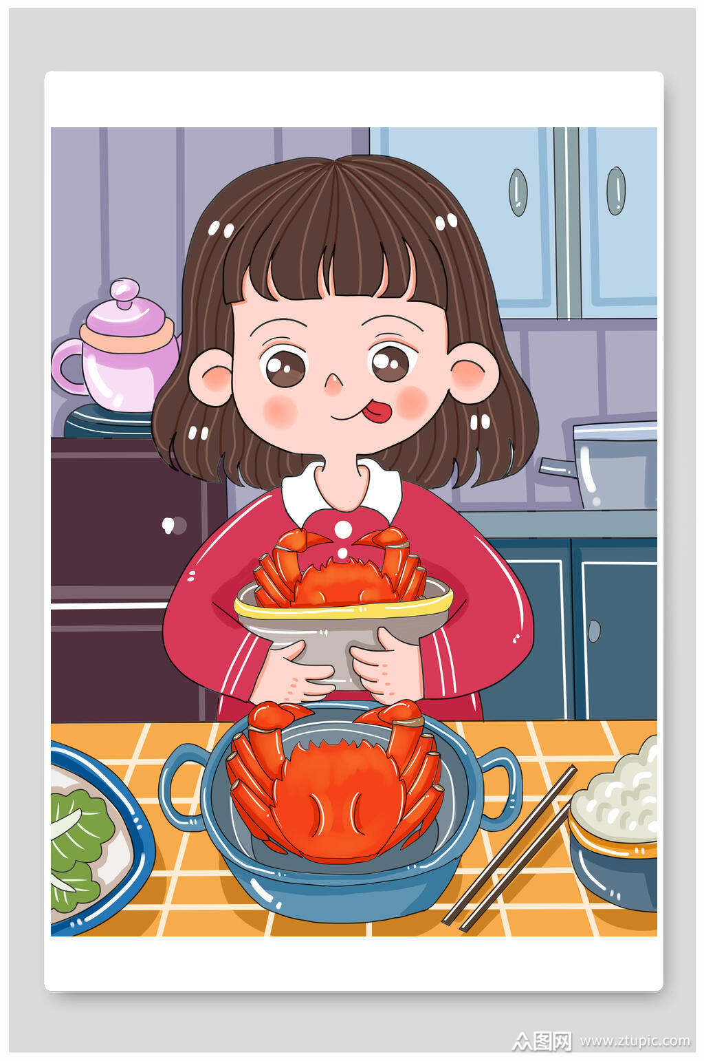 手绘女孩大闸蟹美食插画素材