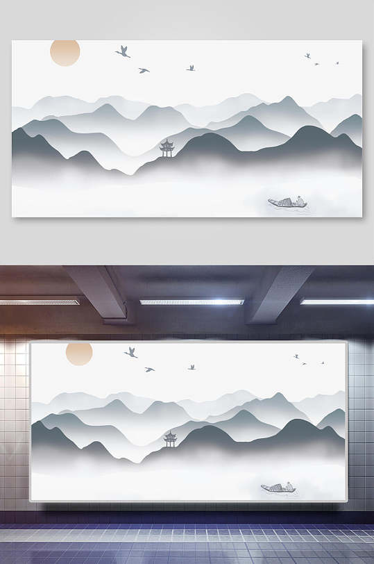 灰色中国风山水插画