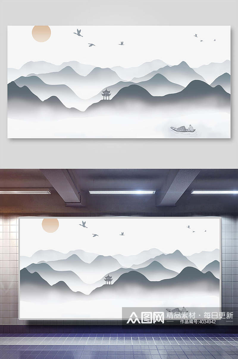 灰色中国风山水插画素材