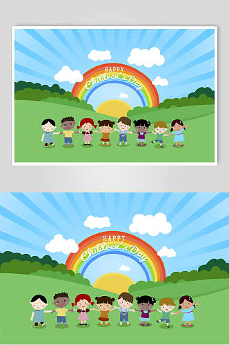 唯美创意彩虹英文六一儿童节插画