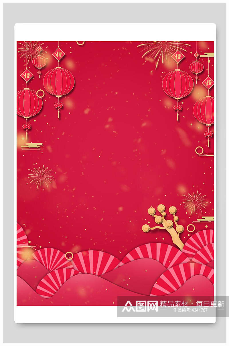 扇形树枝灯笼烟花红色喜庆新年背景素材