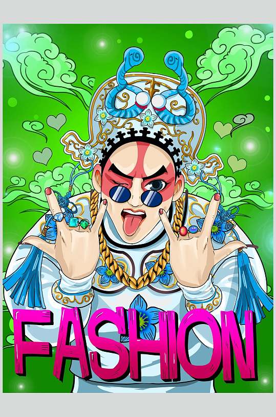 英文时尚国潮风京剧形象插画素材