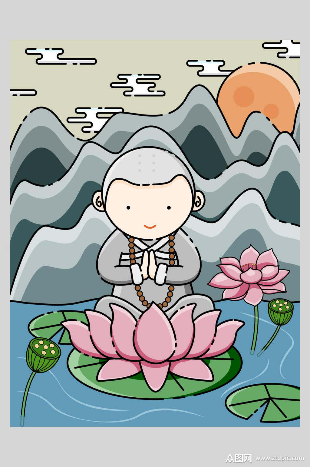 简约大气和尚荷花手绘可爱插画素材