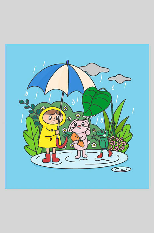 卡通可爱下雨兔子童话插画