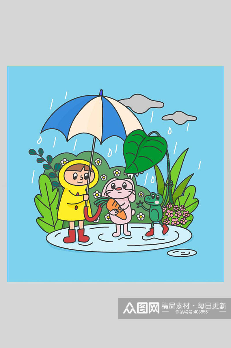 卡通可爱下雨兔子童话插画素材