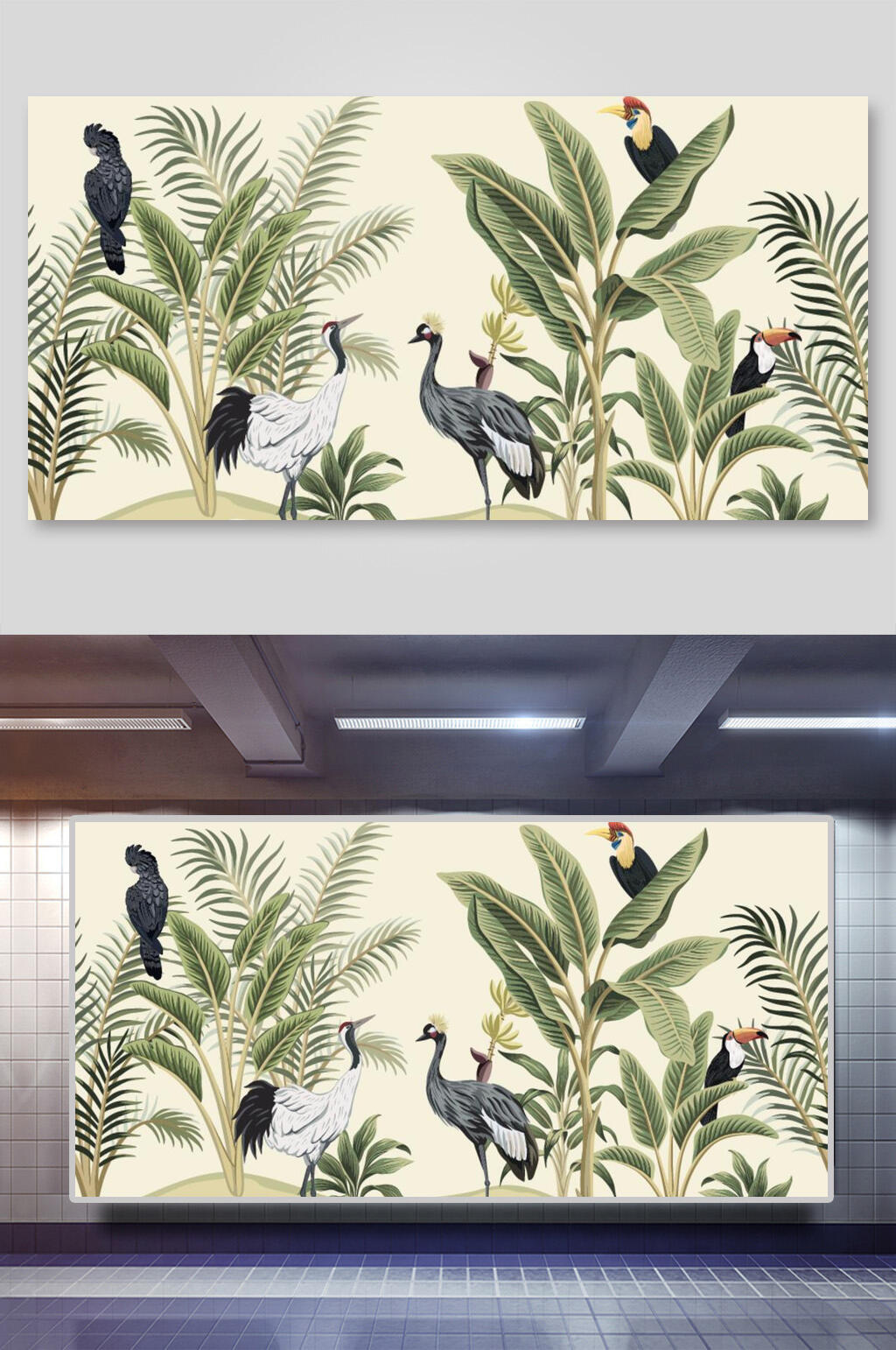 小鸟创意手绘棕榈树矢量插画素材