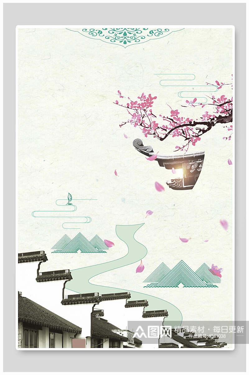 高端时尚山间花瓣树枝古典中国风背景素材