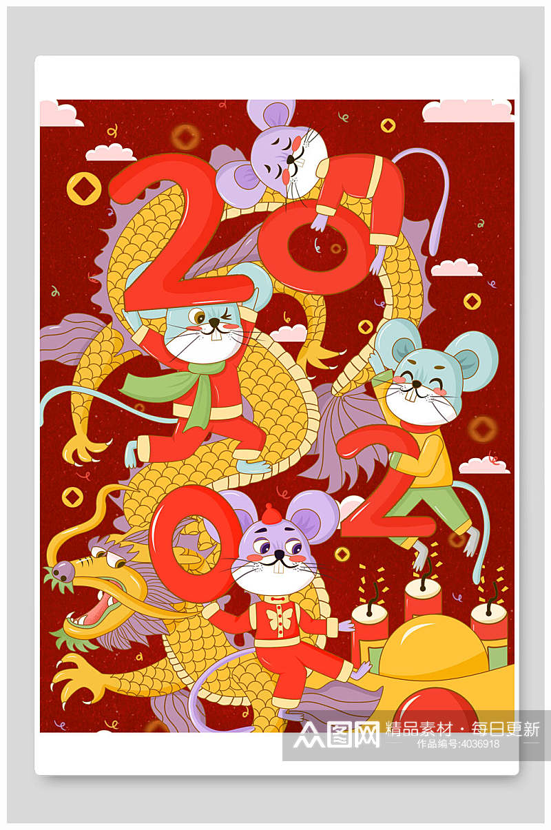 红色创意鼠年新年插画素材