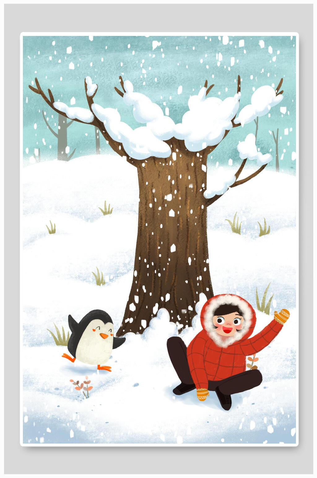 唯美高端企鹅大雪插画素材