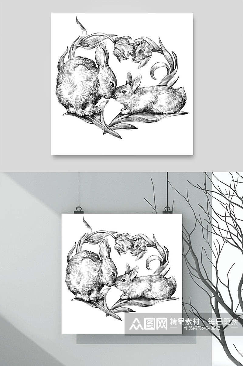 手绘素描画两只兔子素材素材