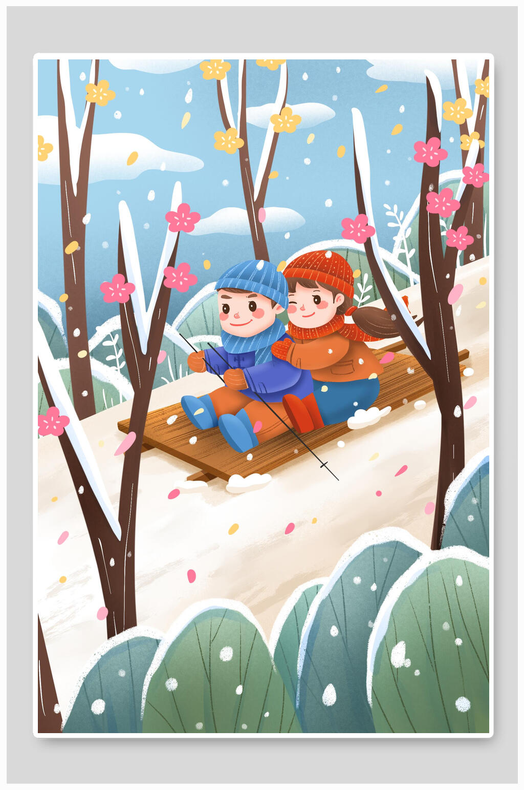 儿童卡通大雪节气插画素材