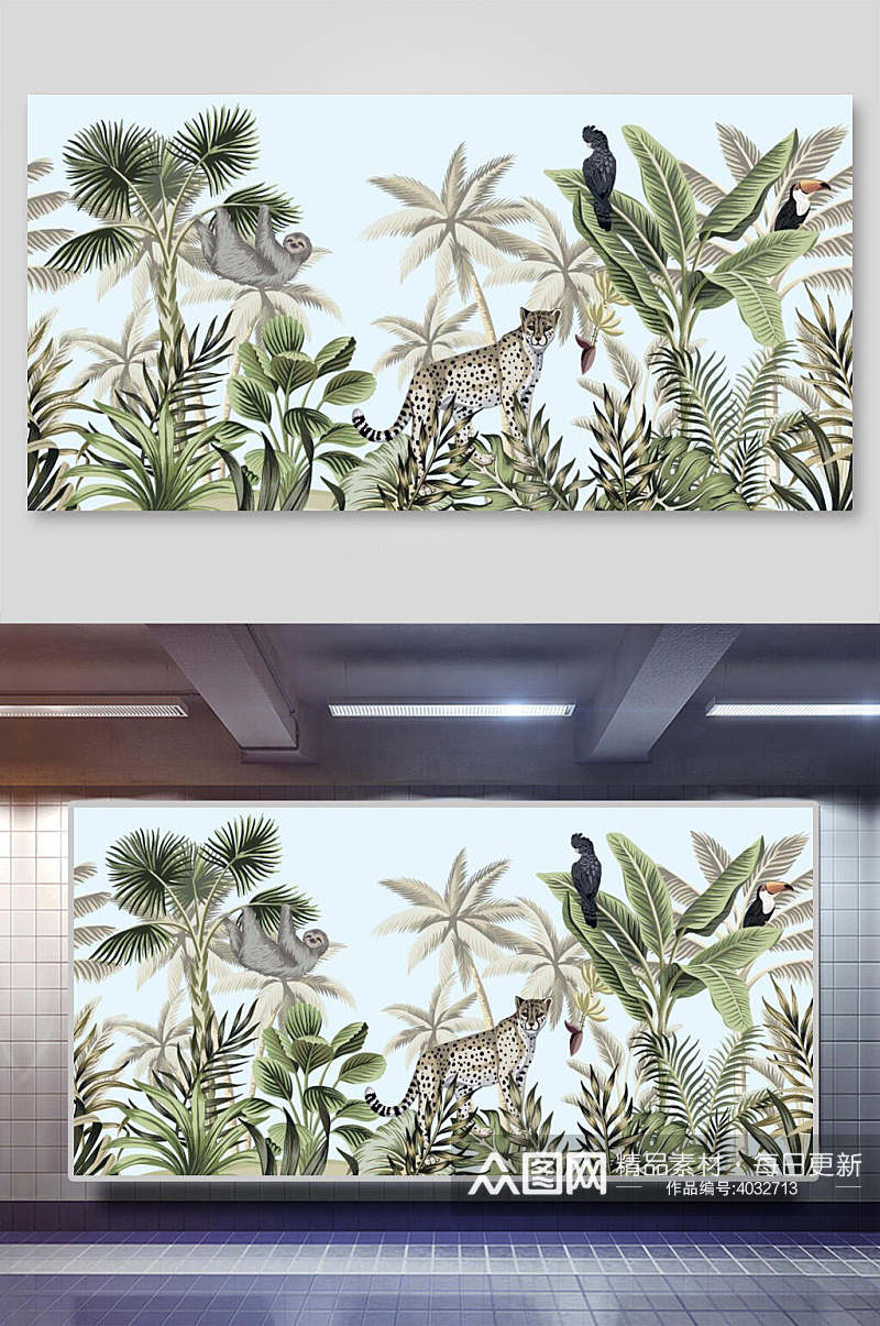 大气猴子老虎手绘棕榈树矢量插画素材
