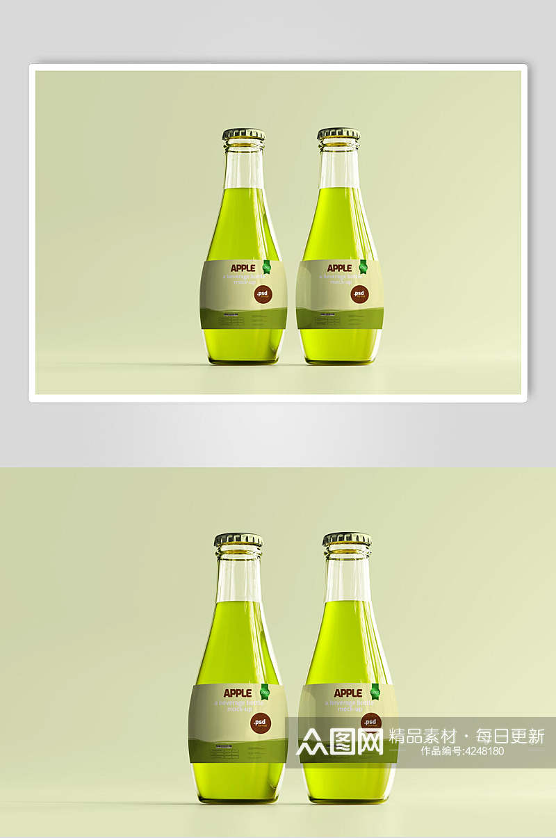 液体圆形绿圆肚玻璃饮料瓶样机素材