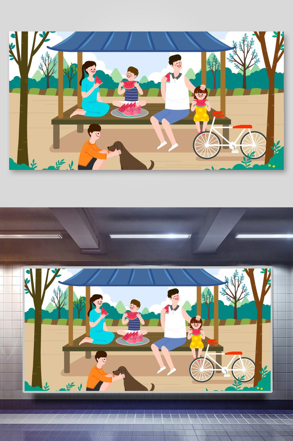 吃西瓜农场劳作亲子团建活动矢量插画素材