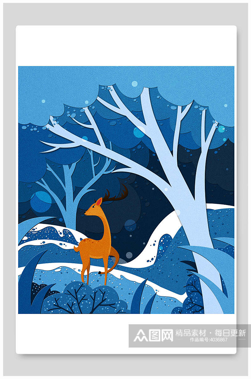 蓝色创意森系唯美森林麋鹿插画素材