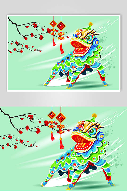 牛年舞狮中国结插画矢量素材
