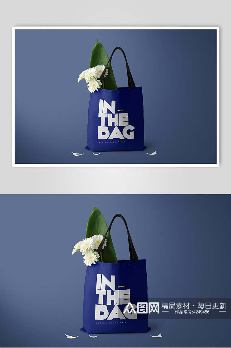 英文字母花瓣叶子蓝购物袋样机素材