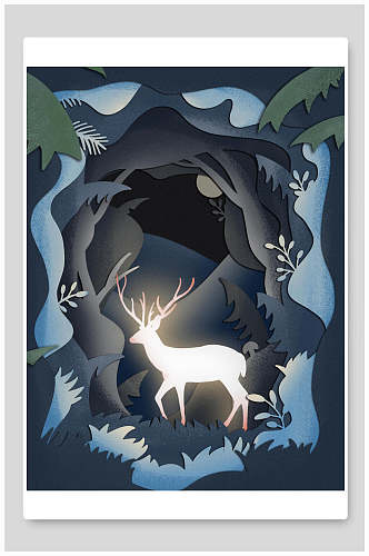灰色剪纸风森系唯美森林麋鹿插画