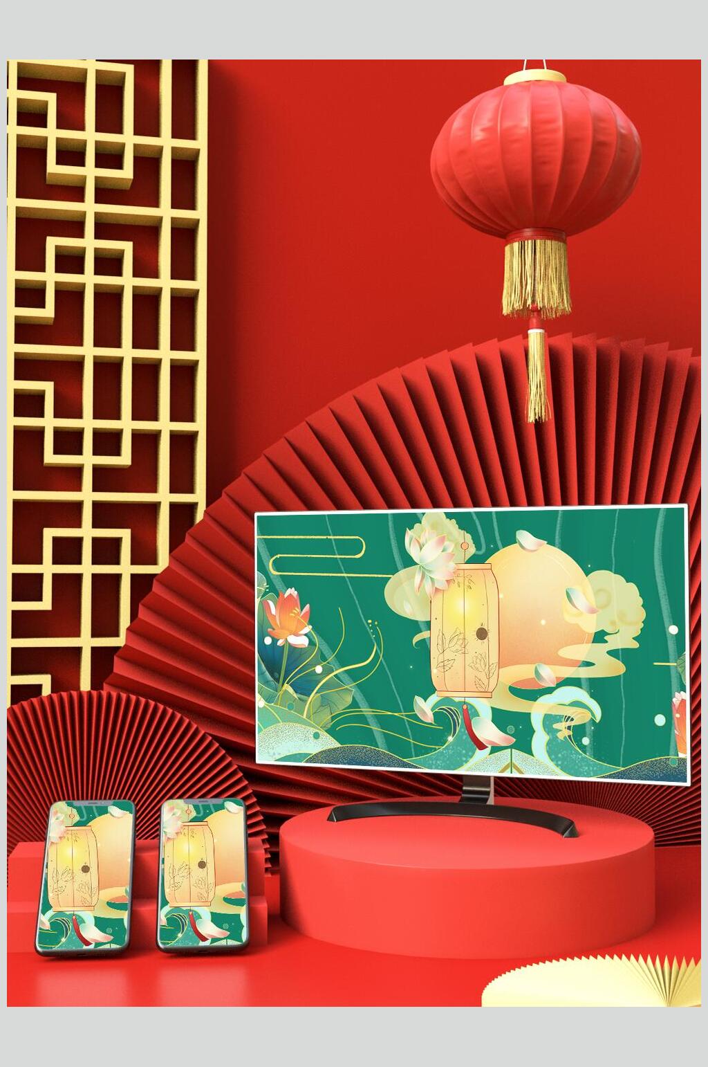 灯笼手机红绿色中式文创产品VI样机素材