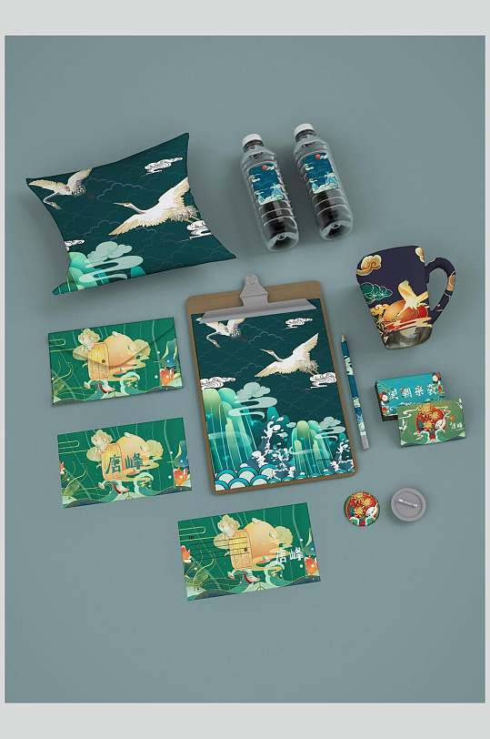 仙鹤唯美绿杯子中式文创产品vi样机