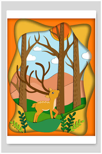 橙色森系唯美森林麋鹿插画