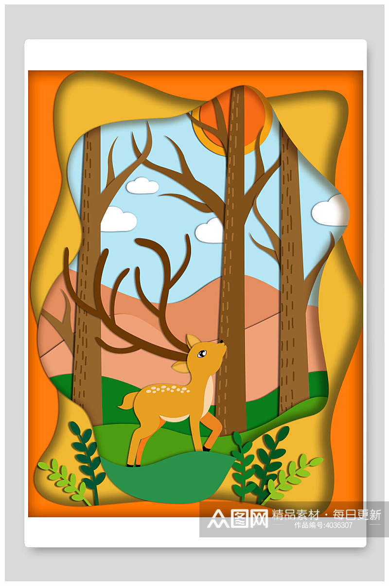 橙色森系唯美森林麋鹿插画素材