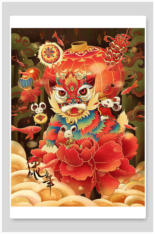 红色牡丹中国风鼠年新年插画