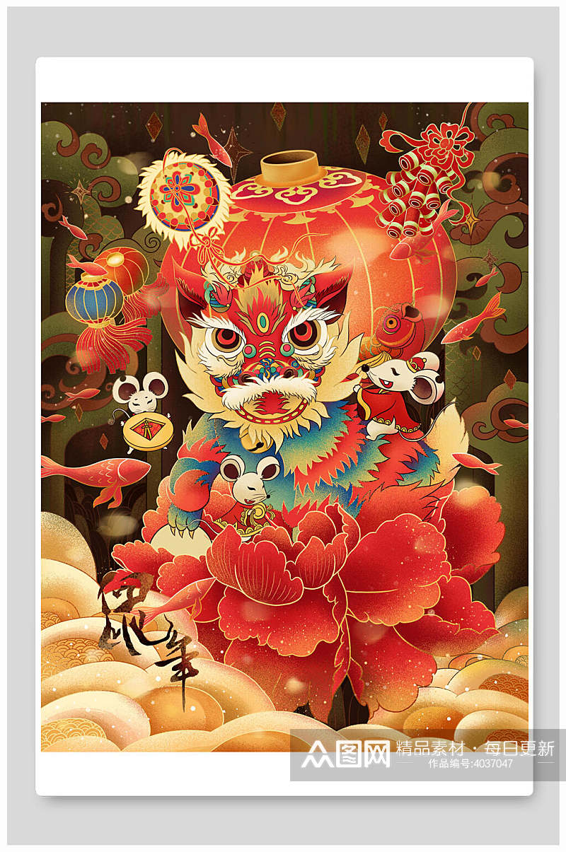 红色牡丹中国风鼠年新年插画素材