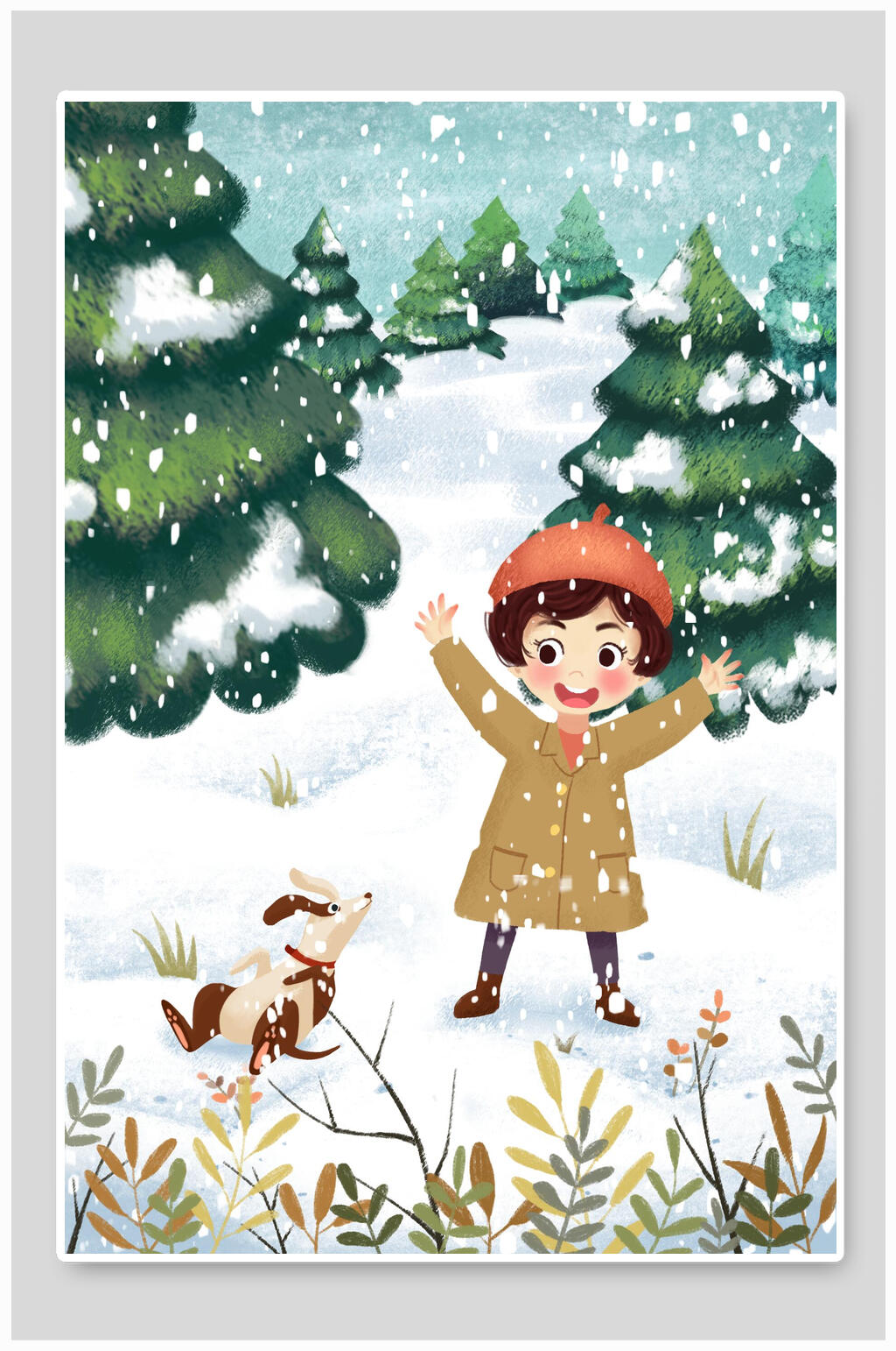 高端创意狗狗下雪大雪插画素材