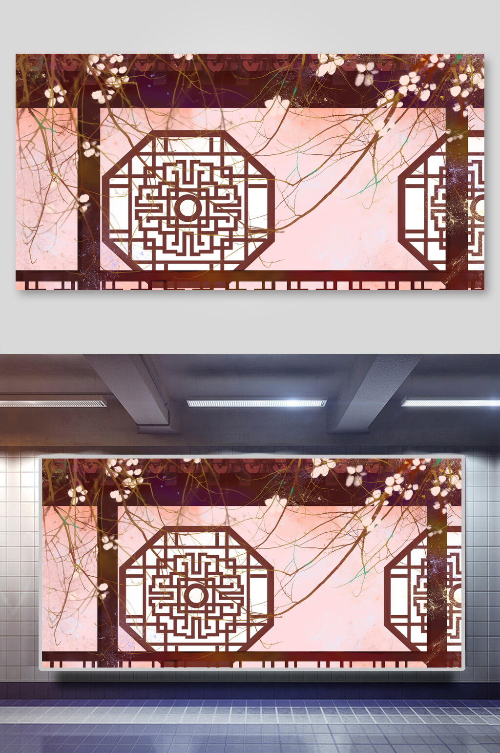 高端时尚树枝花朵木头中式屋檐背景素材