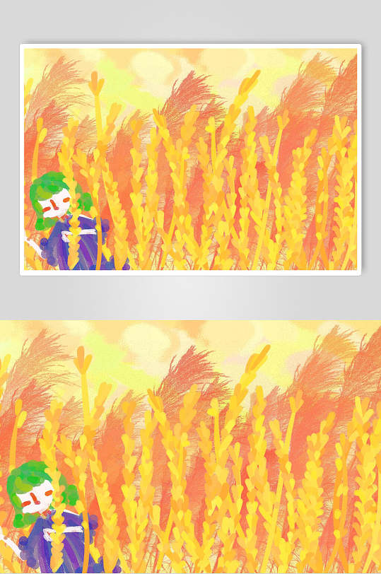 唯美高端手绘麦浪丰收节插画