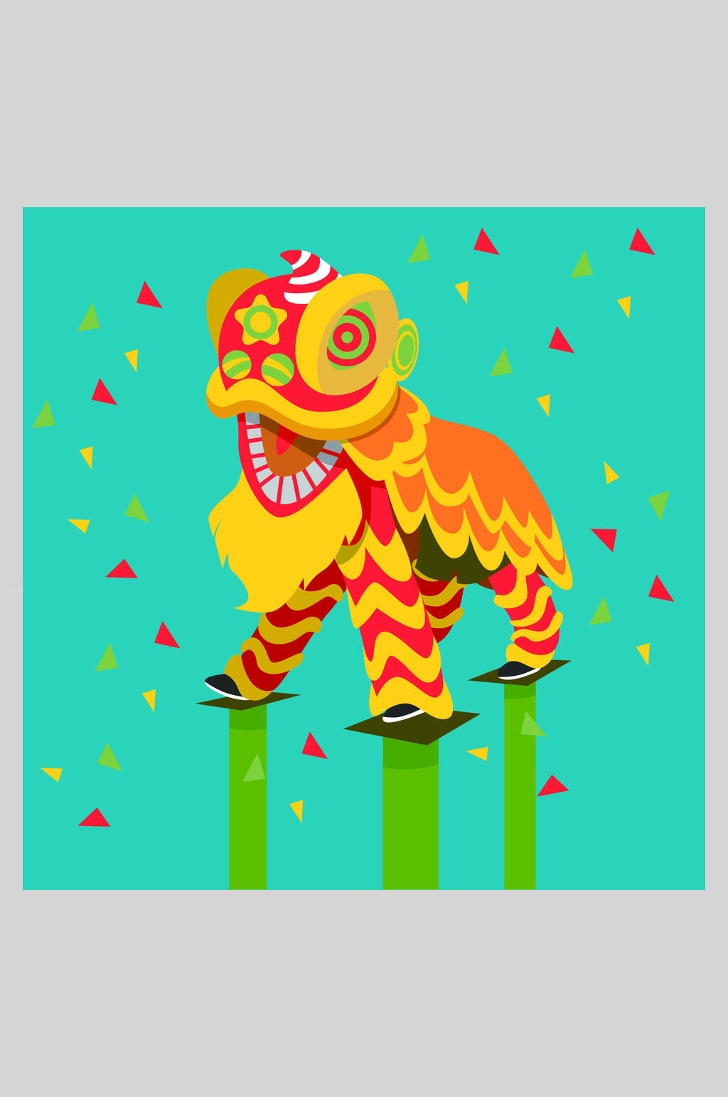 创意大气彩带喜庆舞狮插画素材
