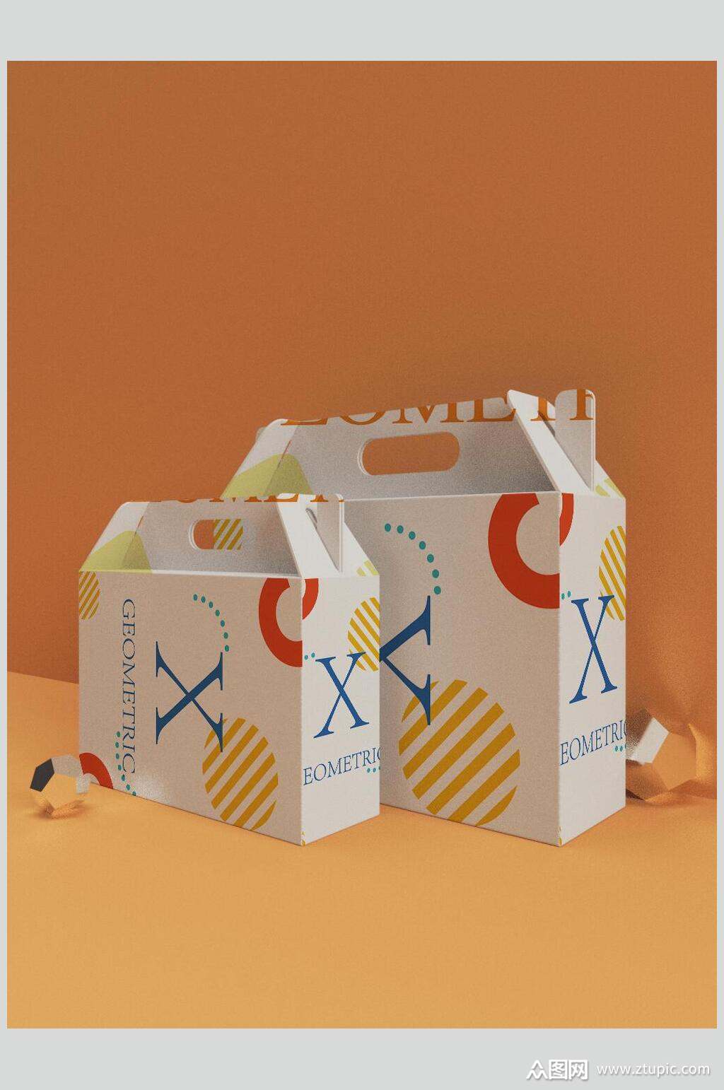 条纹英文手提式纸箱包装设计样机素材