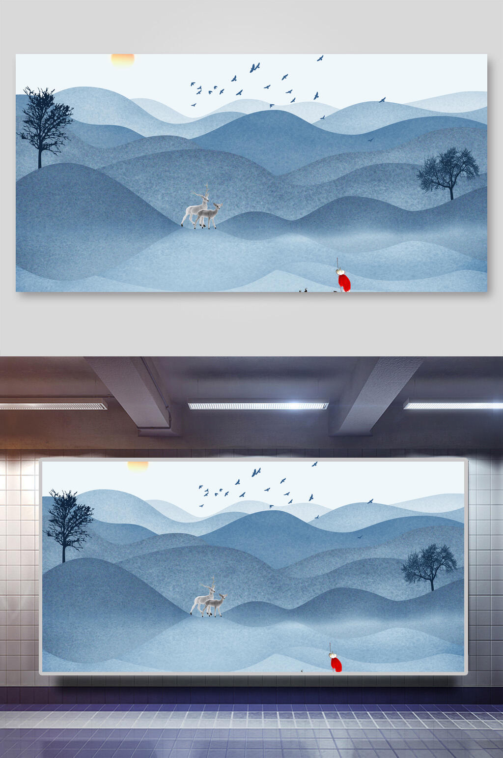 墨色中国风山水插画素材