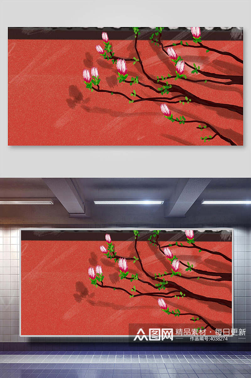 红色大气花朵中式屋檐背景素材