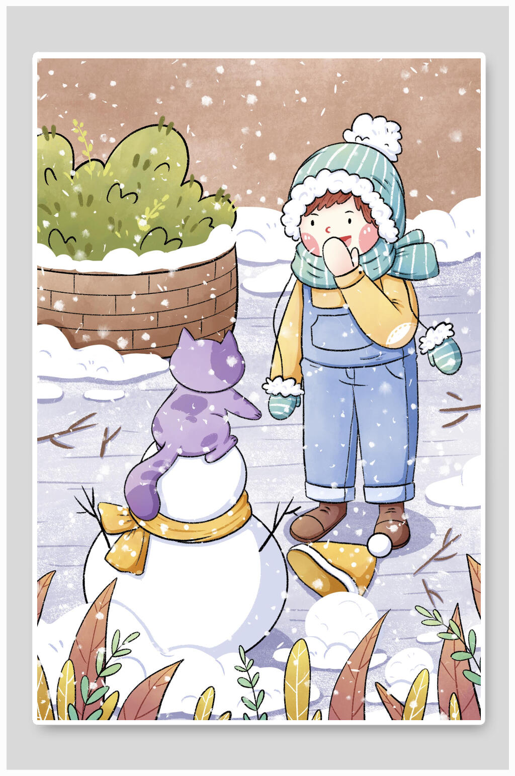 手绘卡通大雪节气插画素材
