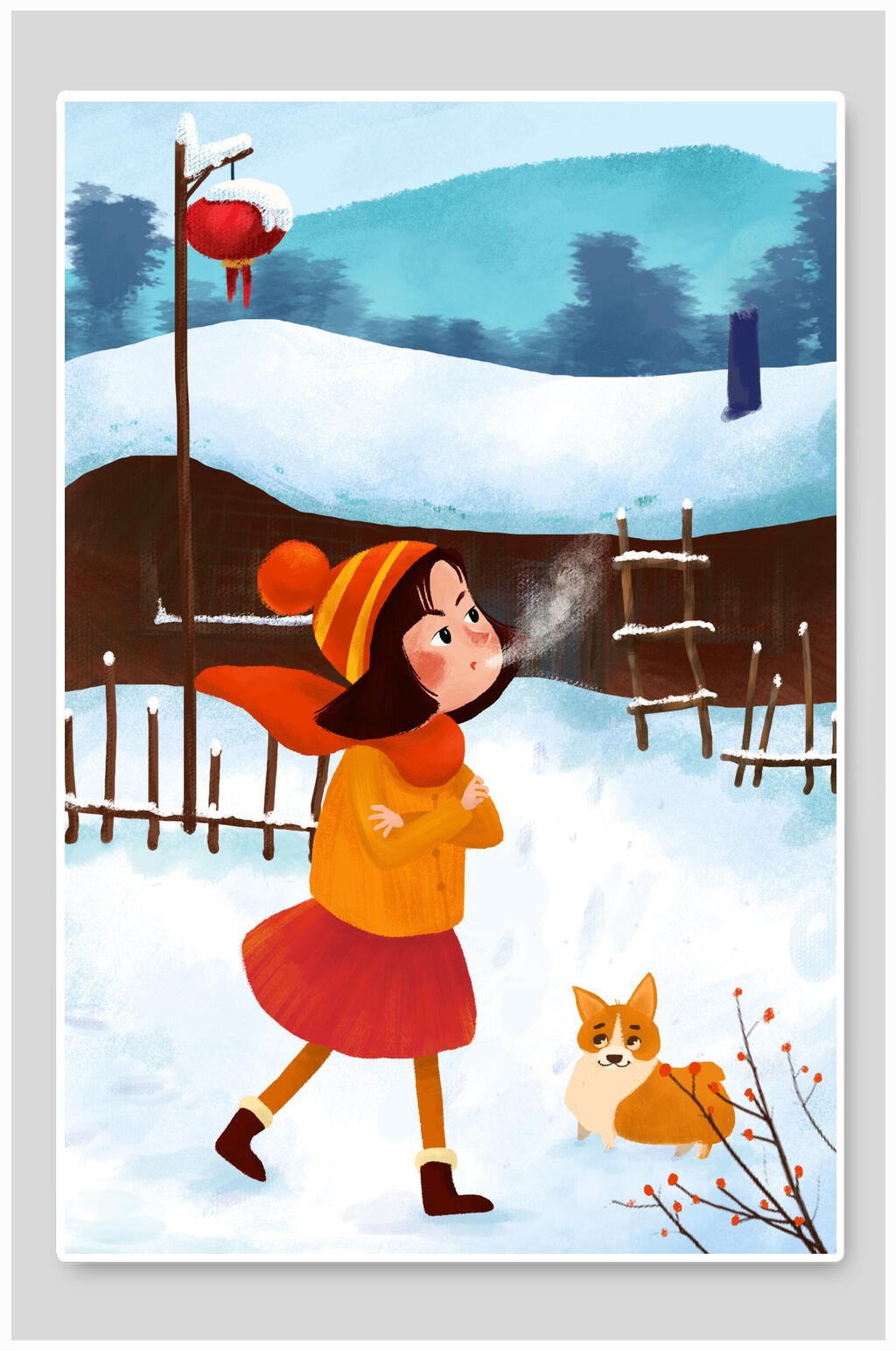 唯美大气狗狗腊梅灯笼大雪插画素材