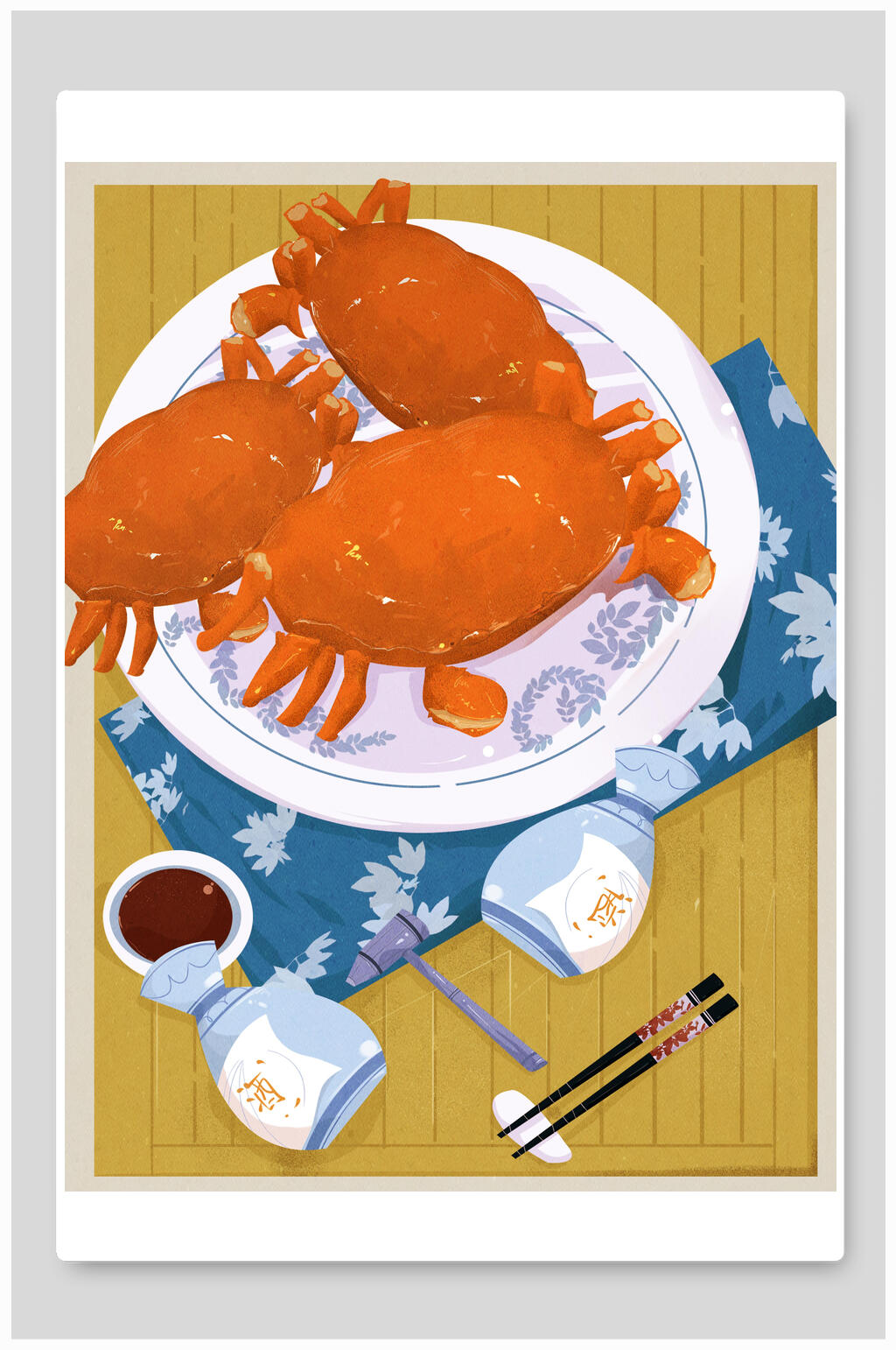 酒大闸蟹美食插画素材