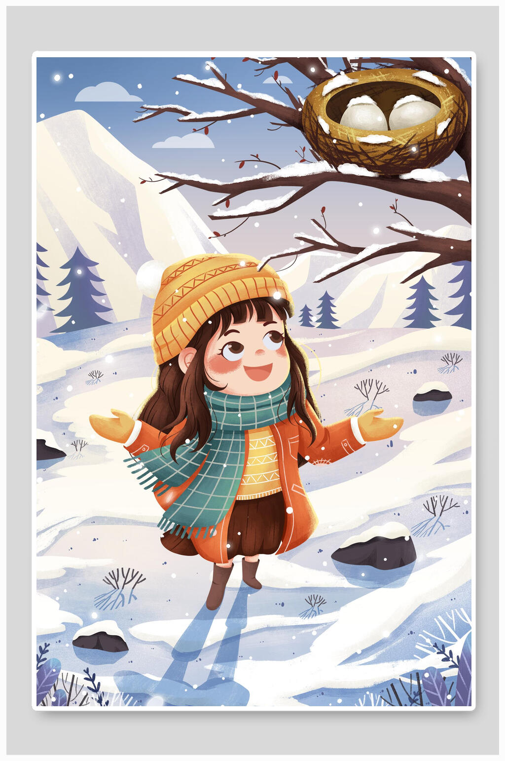 唯美大气鸟窝大雪插画素材