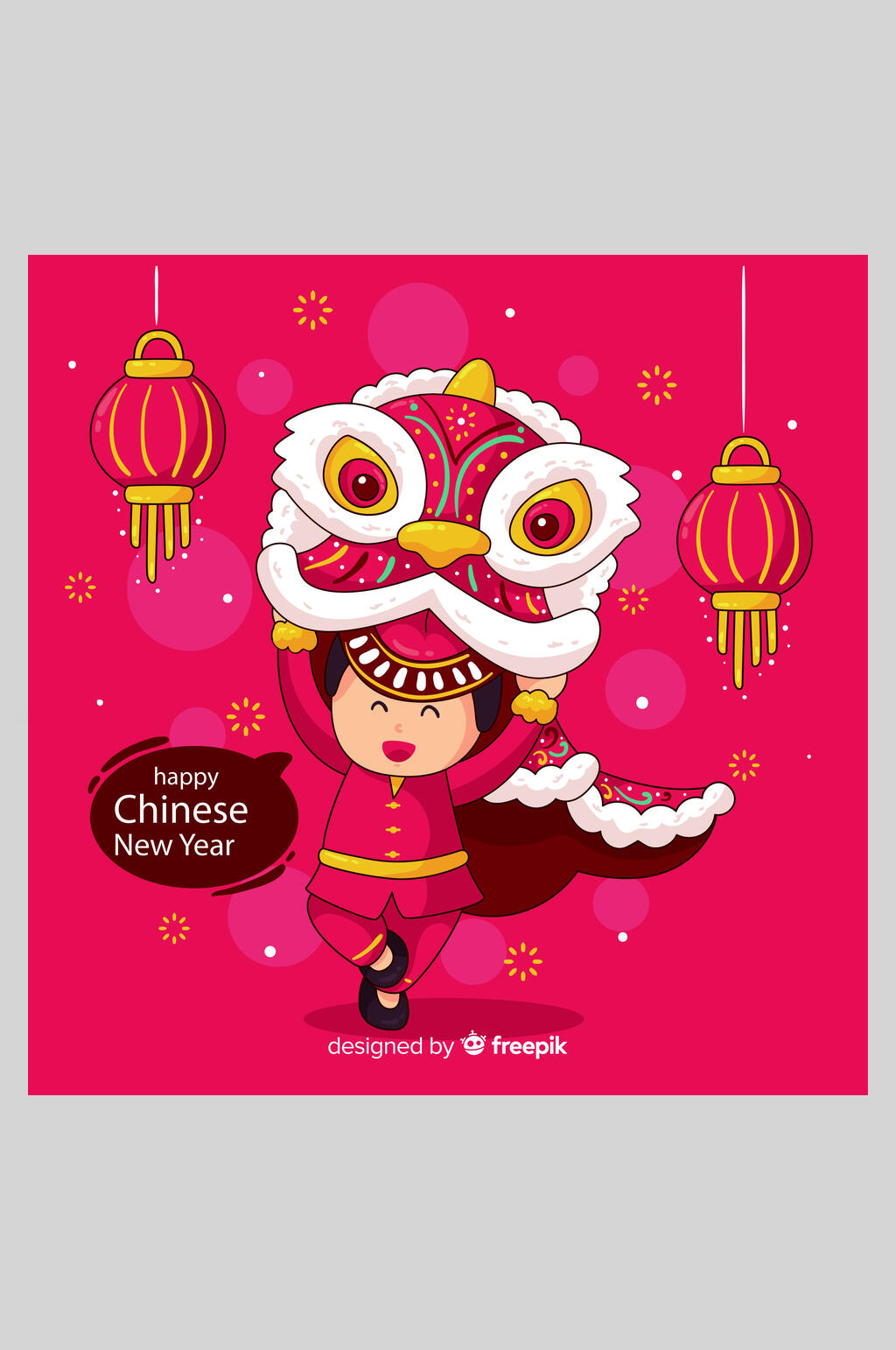 创意灯笼烟花英文喜庆舞狮插画素材